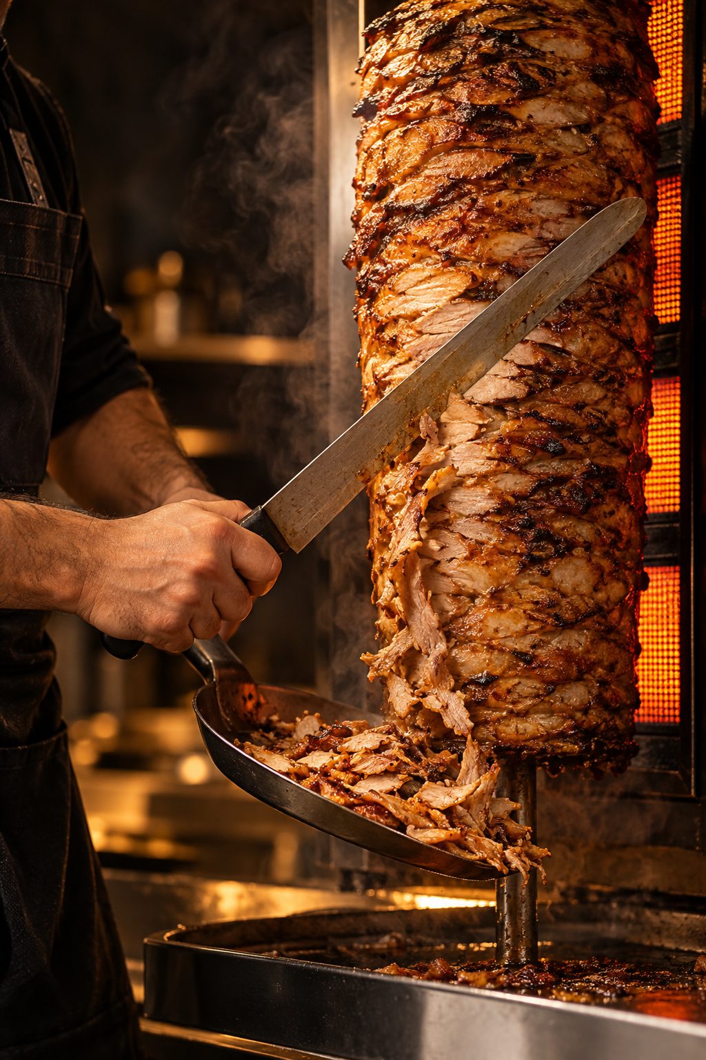 A kebab master carving meat from a vertical spit