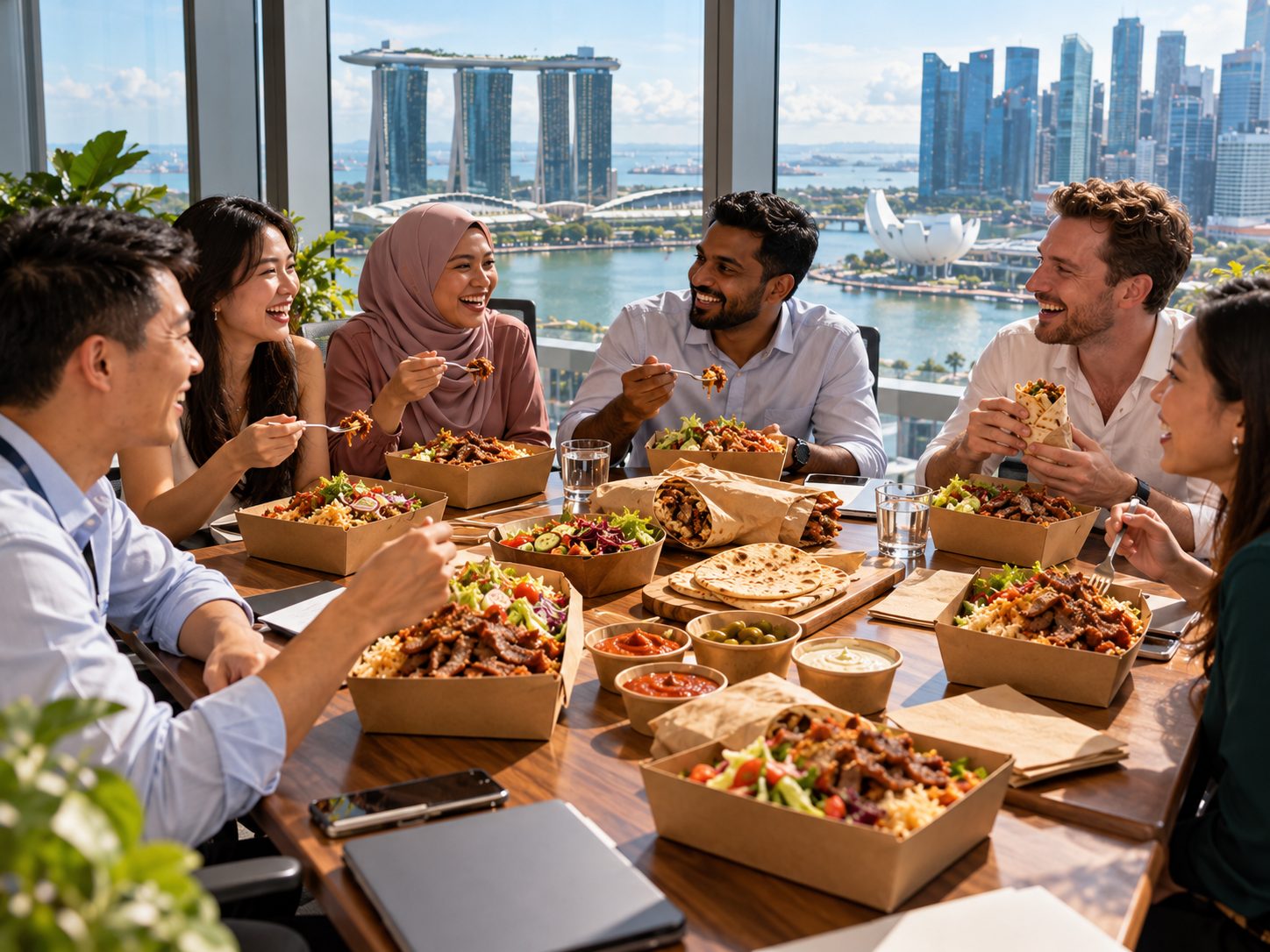 Kebab meal boxes on an office meeting table